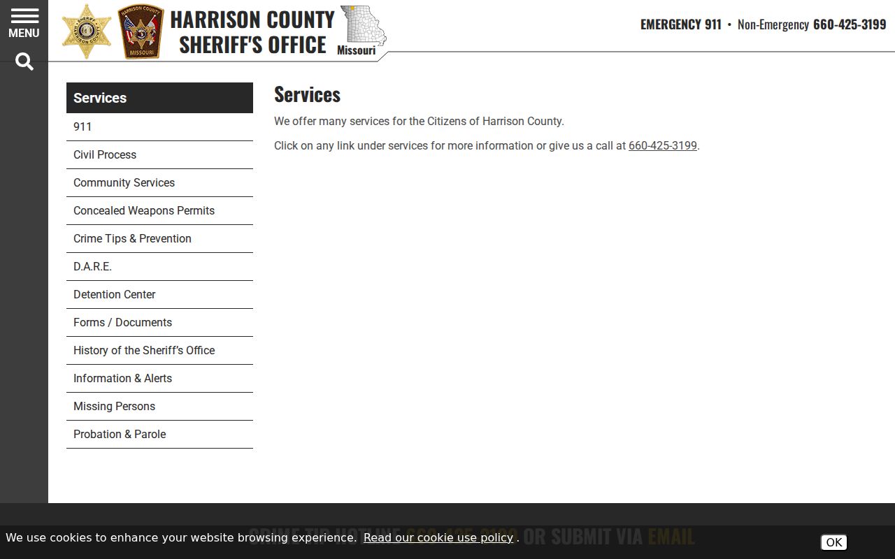 Official Harrison County Sheriff services and 24-hour phone information