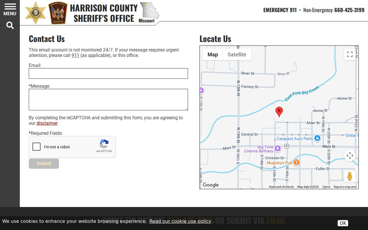 Official Harrison County Sheriff contact form and message warning