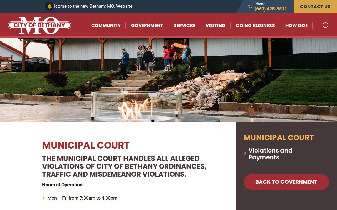 Official Bethany municipal court page showing the county-connected court route