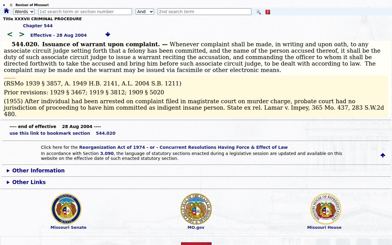Official Missouri section 544.020 arrest warrant statute