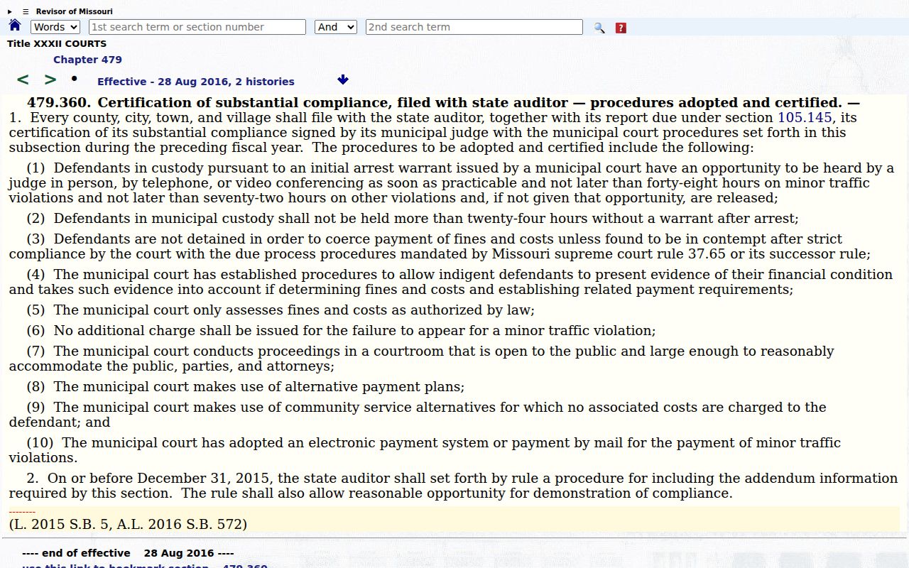 Official Missouri municipal custody and payment alternatives statute