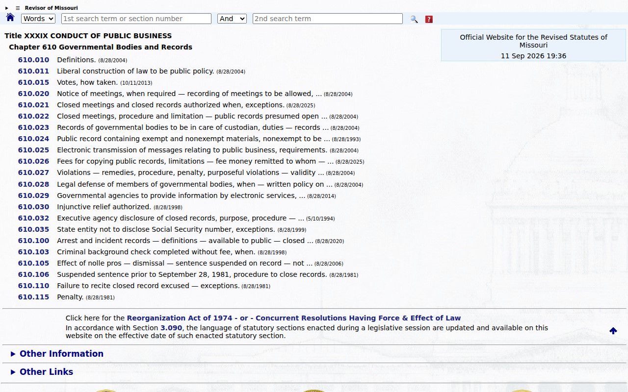 Official Missouri Chapter 610 public records provisions