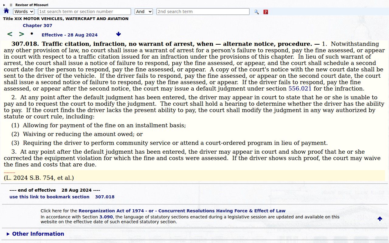 Official Missouri traffic infraction notice statute