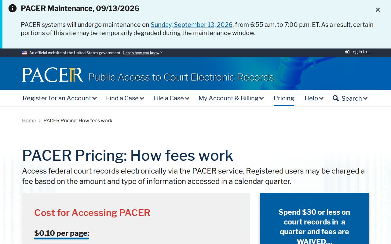 Official PACER federal docket access and pricing information