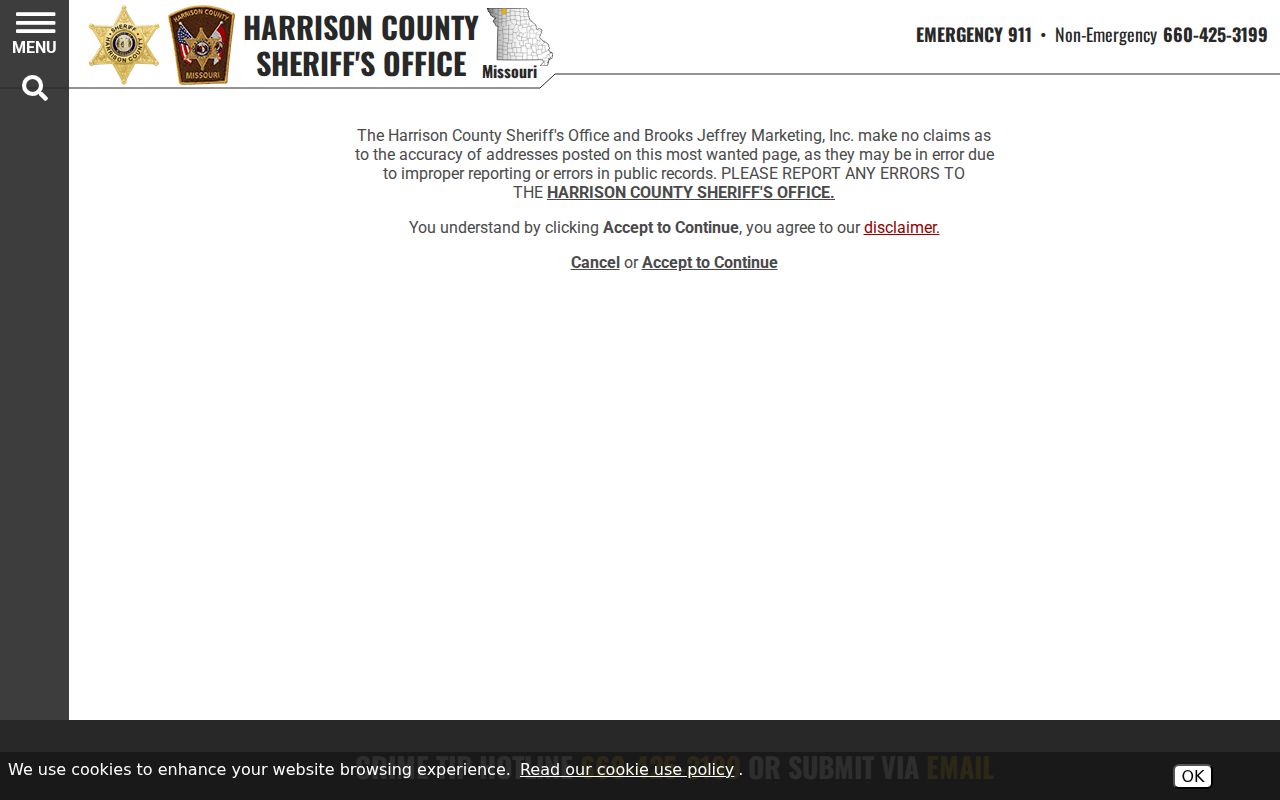 Official Harrison County Most Wanted acceptance and disclaimer screen